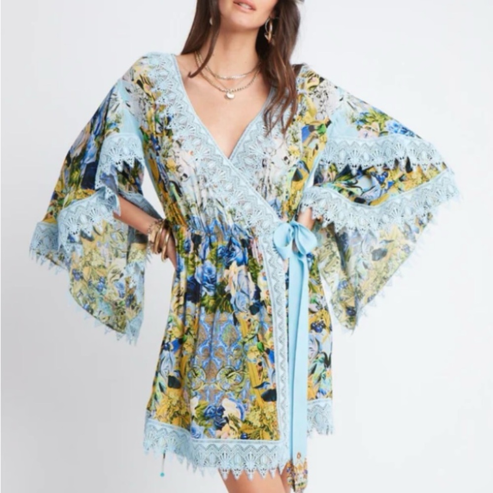 NET Floral Lace-Trim Mini Dress in Light Blue